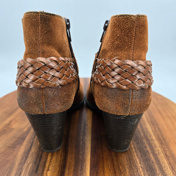 Boc Born Boots Women's 8.5 M Brown Suede Leather Harness Braided Heeled Booties - Picture 4 of 9